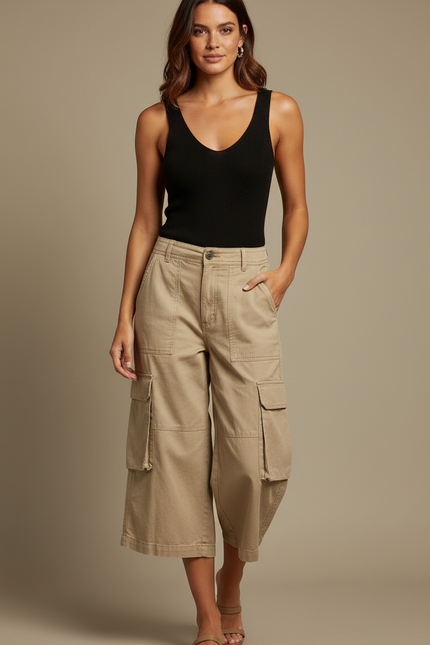 Pantalon Fluide Cargo Beige Coton Ample Court - Toile