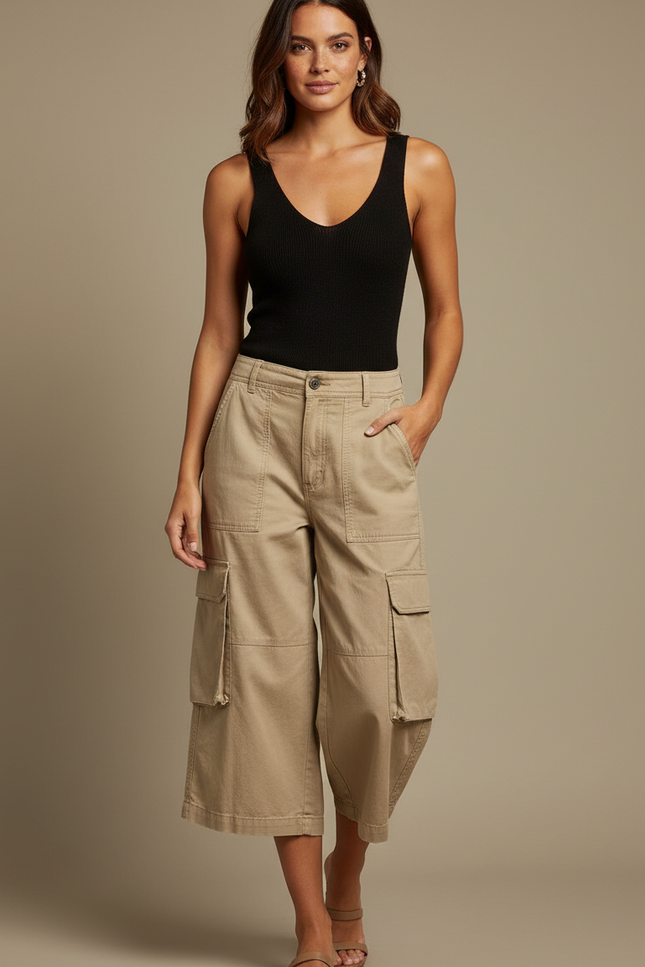 Pantalon Fluide Cargo Beige Coton Ample Court - Toile