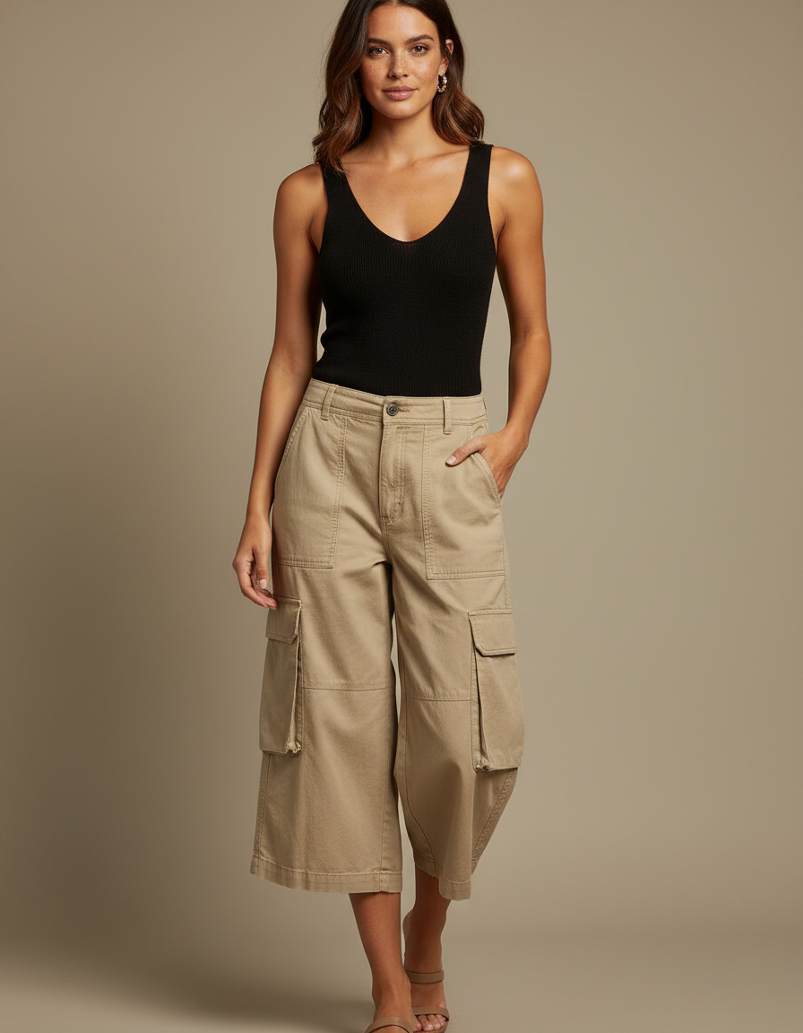 Pantalon Fluide Cargo Beige Coton Ample Court - Toile