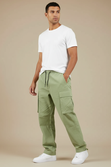 Pantalon Fluide Vert Kaki Cargo Ample Cordon Homme - Coton