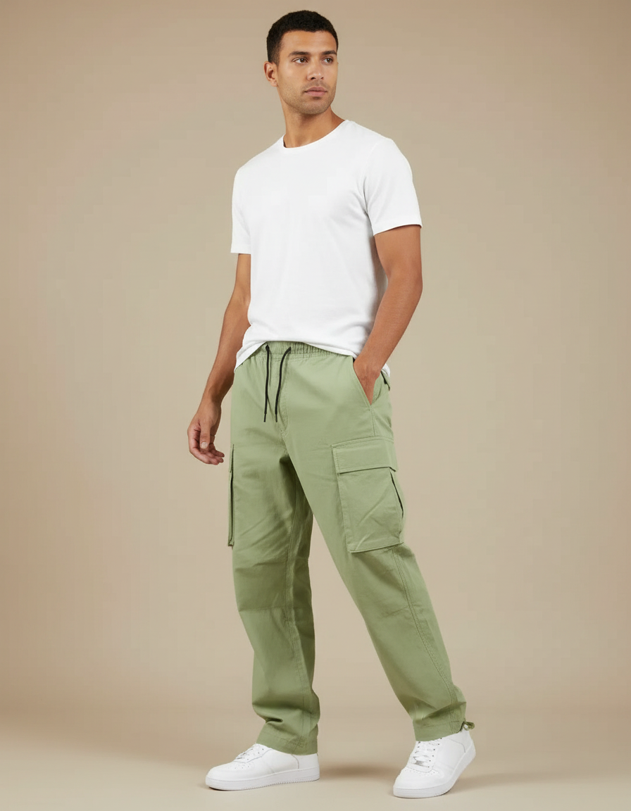 Pantalon Fluide Vert Kaki Cargo Ample Cordon Homme - Coton