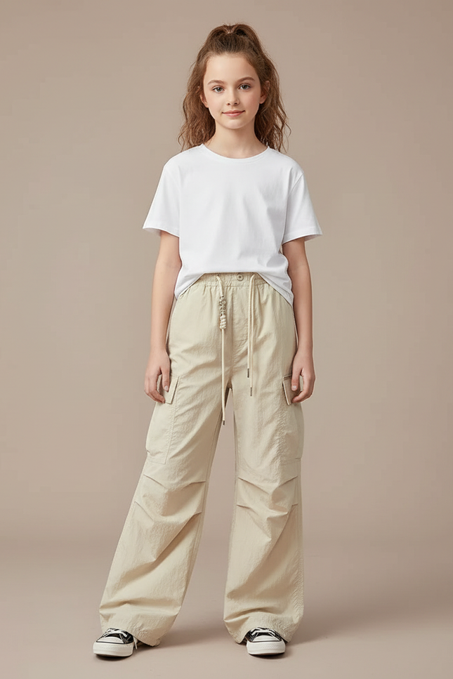 Pantalon Fluide Beige Cargo Ample Décontracté Fille - Polyester