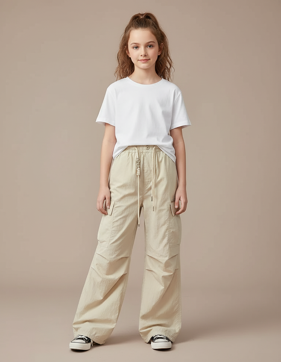 Pantalon Fluide Beige Cargo Ample Décontracté Fille - Polyester