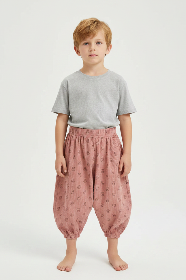 Pantalon Fluide Rose Côtelé Ample Lapins Enfant - Cordé