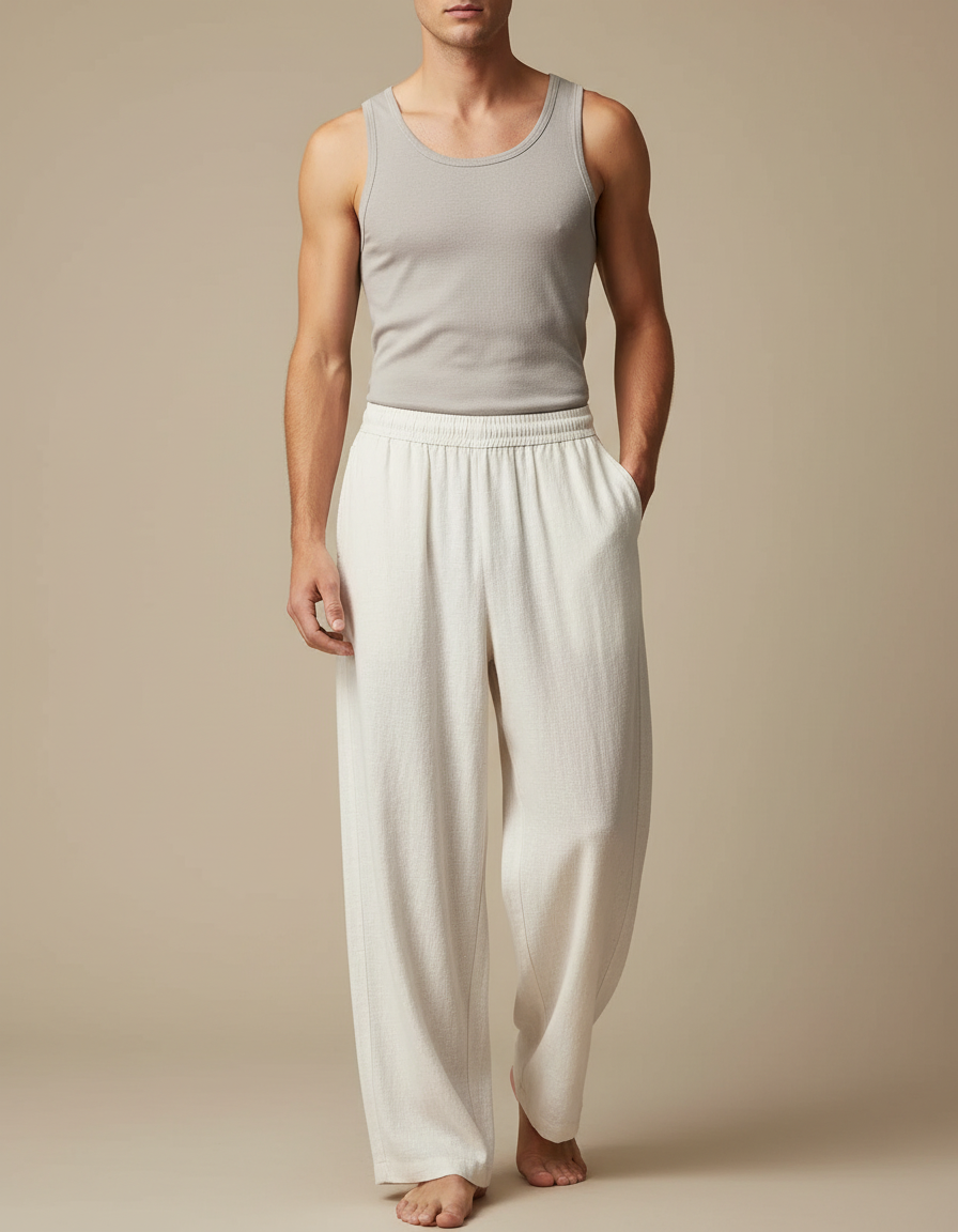 Pantalon Fluide Écru Ample Coton Lin Homme - Beige