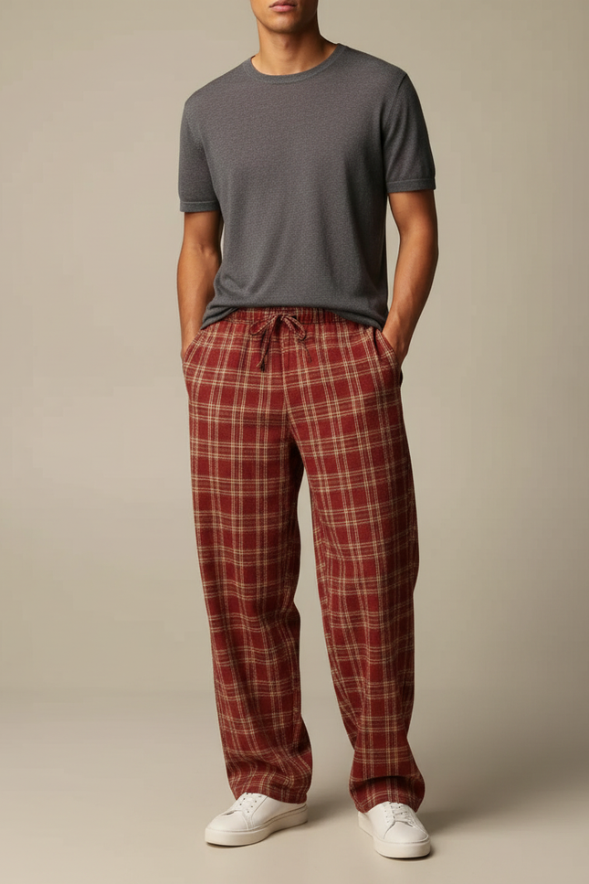Pantalon Fluide Carreaux Rouges Ample Cordon Décontracté Homme - Coton