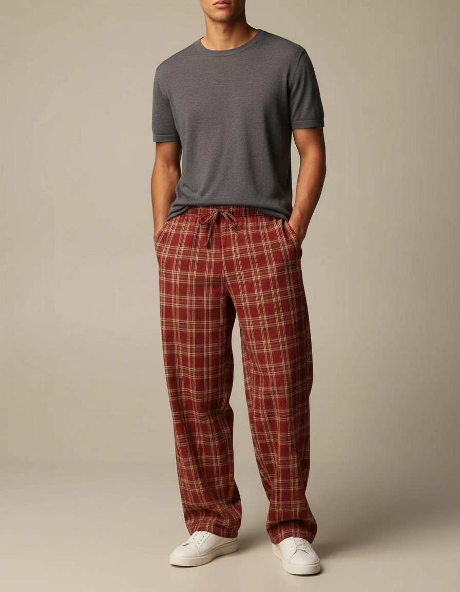 Pantalon Fluide Carreaux Rouges Ample Cordon Décontracté Homme - Coton