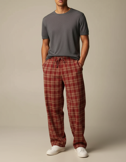 Pantalon Fluide Carreaux Rouges Ample Cordon Décontracté Homme - Coton