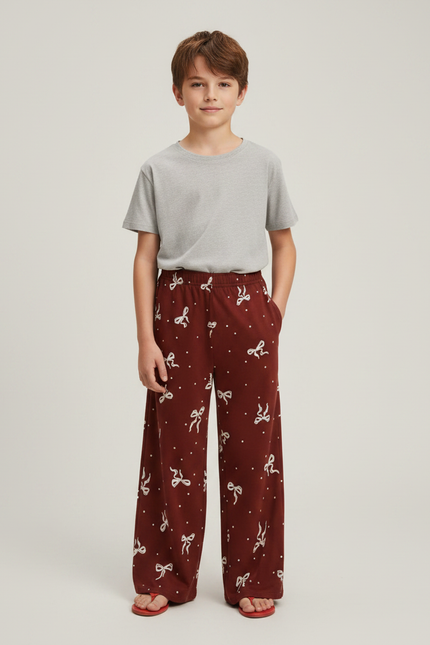 Pantalon Fluide Marron Nœuds Ample Confortable Garçon - Viscose