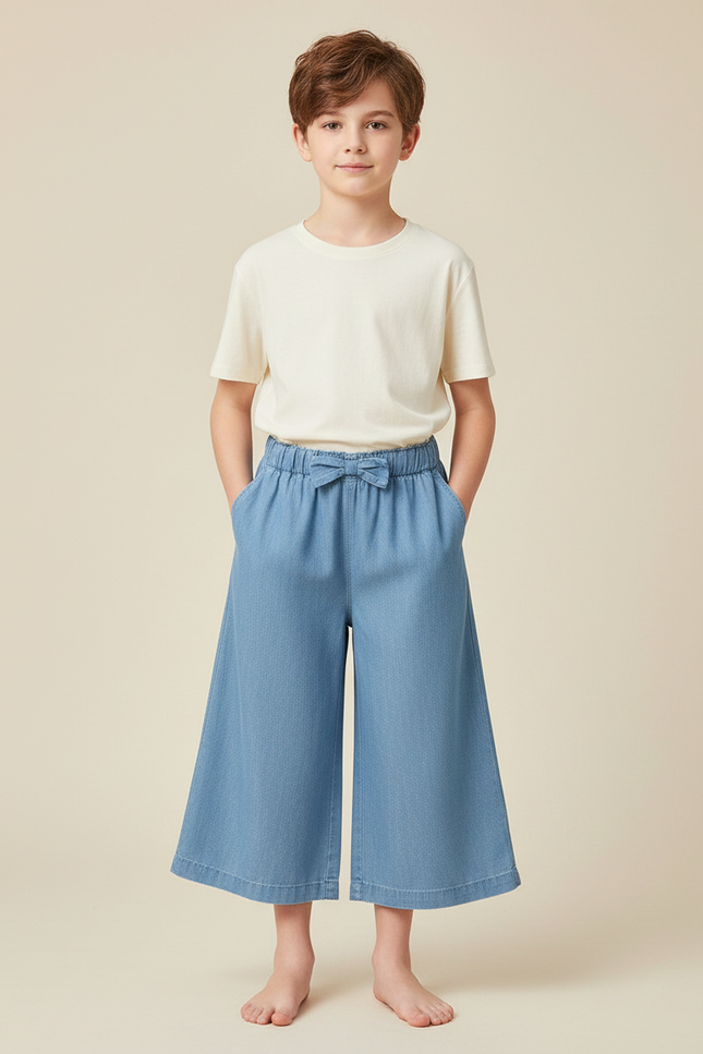 Pantalon Fluide Bleu Ciel Ample Élastiqué Enfant Coton - Jean