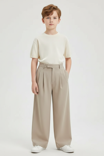 Pantalon Fluide Ample Plissé Beige Décontracté Enfant - Polyester