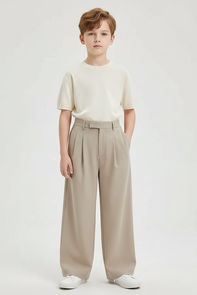 Pantalon Fluide Ample Plissé Beige Décontracté Enfant - Polyester