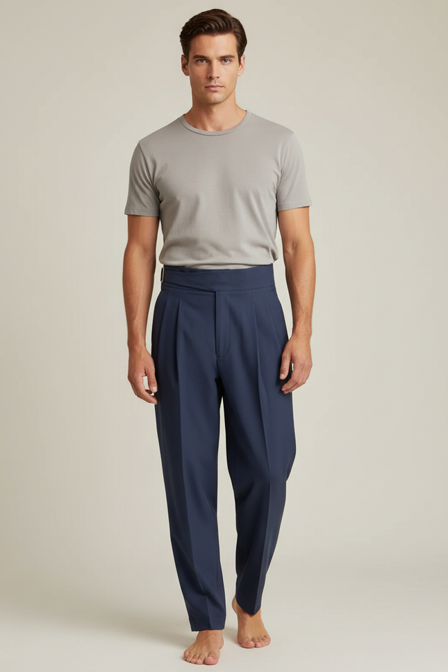 Pantalon Fluide Bleu Marine Plissé Homme Élégant Droit - Polyester