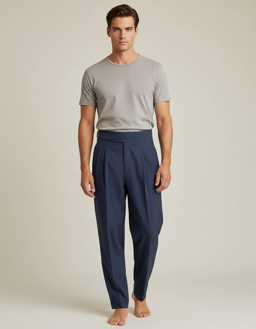 Pantalon Fluide Bleu Marine Plissé Homme Élégant Droit - Polyester