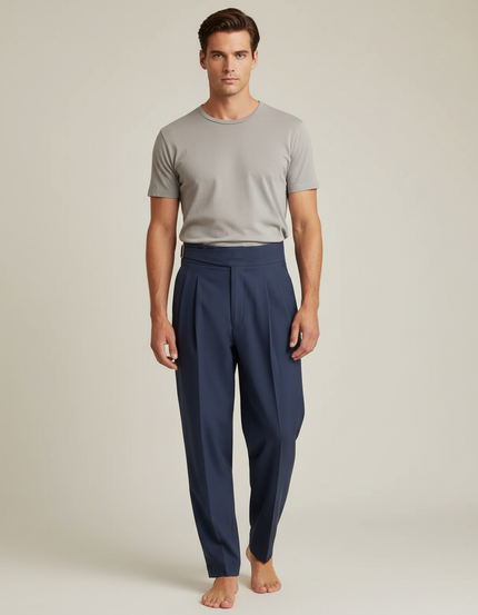 Pantalon Fluide Bleu Marine Plissé Homme Élégant Droit - Polyester