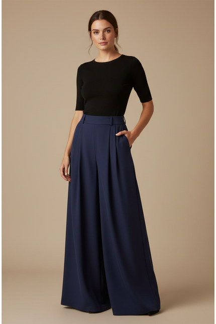 Pantalon Fluide Bleu Marine Taille Haute Élégant Ample - Polyester