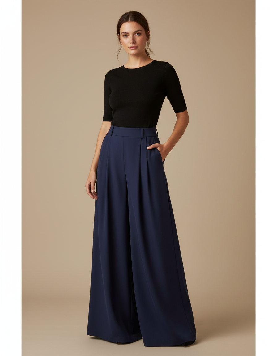 Pantalon Fluide Bleu Marine Taille Haute Élégant Ample - Polyester