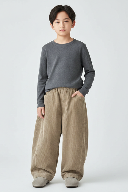 Pantalon Fluide Velours Côtelé Ample Décontracté Beige Enfant - Cordé