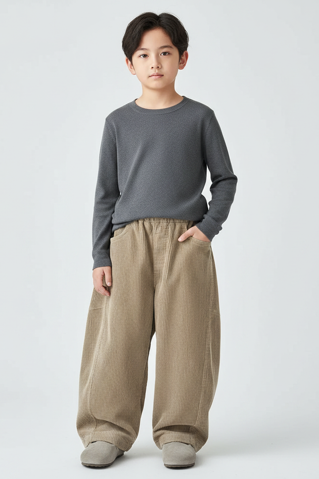 Pantalon Fluide Velours Côtelé Ample Décontracté Beige Enfant - Cordé