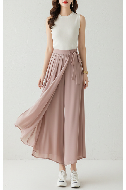 Pantalon Fluide Rose Plissé Gaze Ample Taille Haute - Polyester