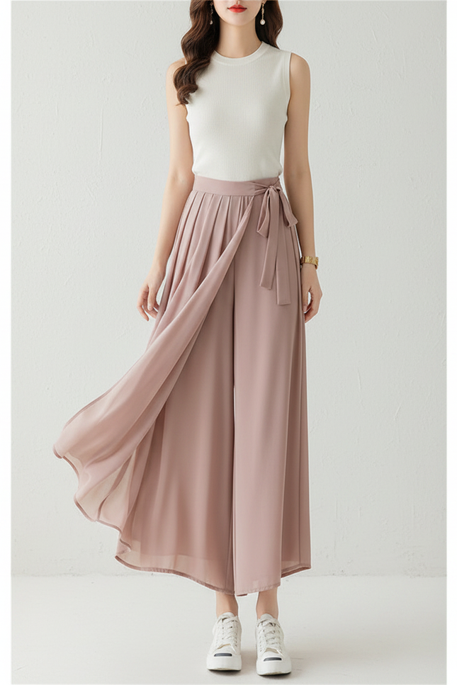 Pantalon Fluide Rose Plissé Gaze Ample Taille Haute - Polyester