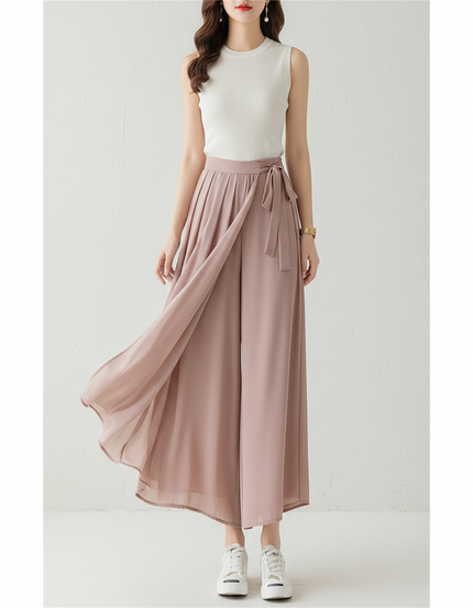Pantalon Fluide Rose Plissé Gaze Ample Taille Haute - Polyester