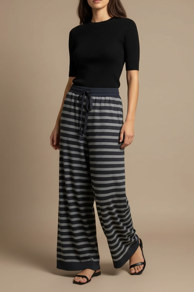 Pantalon Fluide Rayé Large Cordon Tricoté Décontracté - Gris Maille