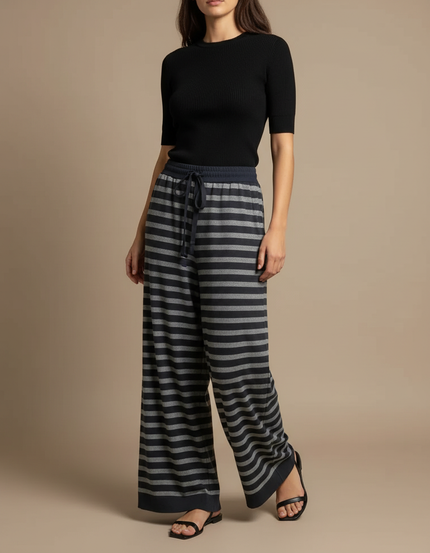 Pantalon Fluide Rayé Large Cordon Tricoté Décontracté - Gris Maille