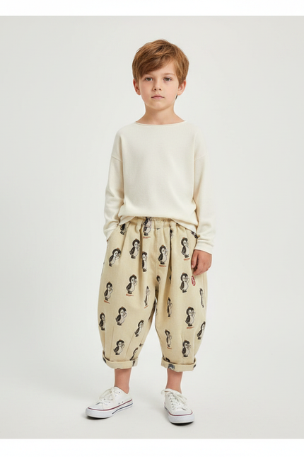 Pantalon Fluide Beige Coton Ample Motif Pingouin Enfant