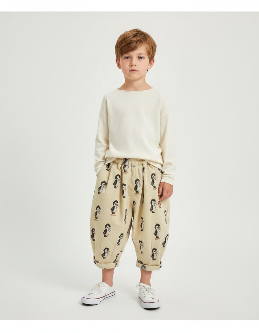 Pantalon Fluide Beige Coton Ample Motif Pingouin Enfant