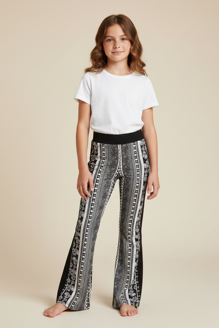 Pantalon Fluide Imprimé Évasé Noir Blanc Fille - Viscose