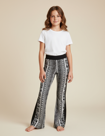 Pantalon Fluide Imprimé Évasé Noir Blanc Fille - Viscose