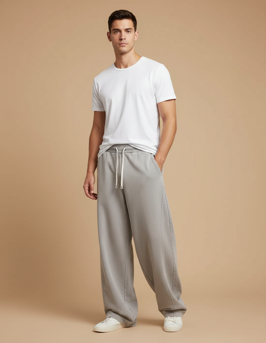 Pantalon Fluide Gris Coton Ample Décontracté Homme - Molleton