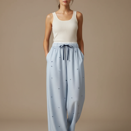 Pantalon Fluide Bleu Ciel Rayé Ample Confortable Motif Nœuds - Coton