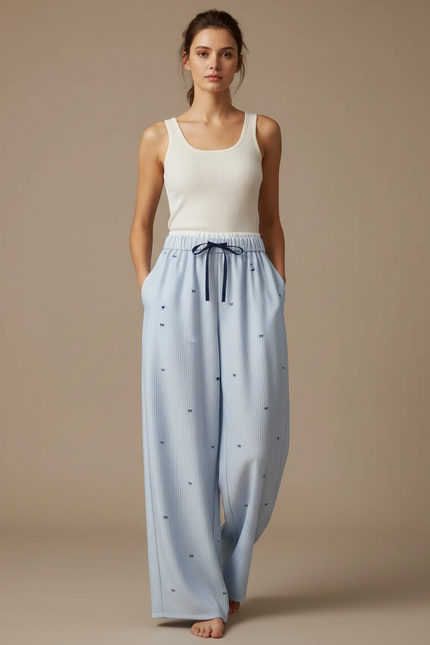 Pantalon Fluide Bleu Ciel Rayé Ample Confortable Motif Nœuds - Coton