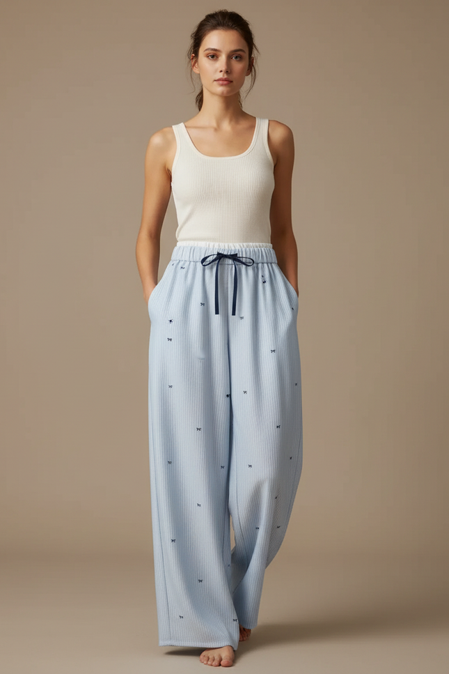 Pantalon Fluide Bleu Ciel Rayé Ample Confortable Motif Nœuds - Coton