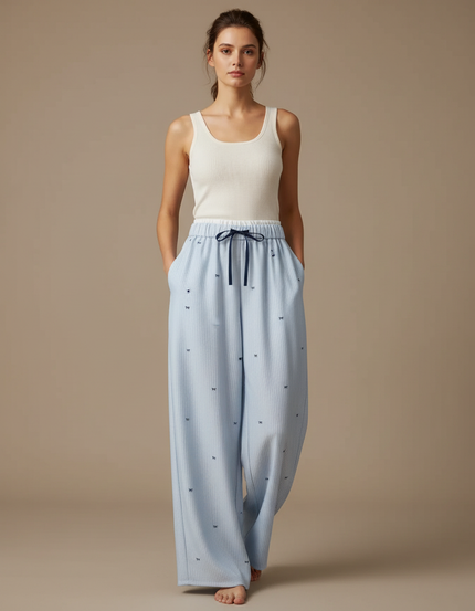 Pantalon Fluide Bleu Ciel Rayé Ample Confortable Motif Nœuds - Coton