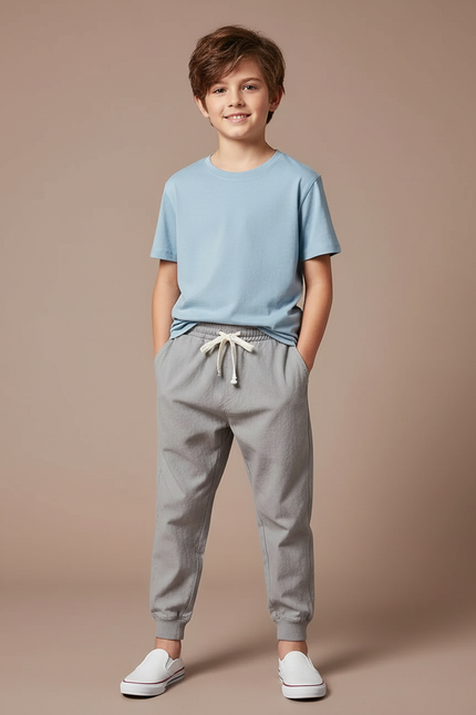 Pantalon Fluide Gris Coton Ample Garçon Décontracté