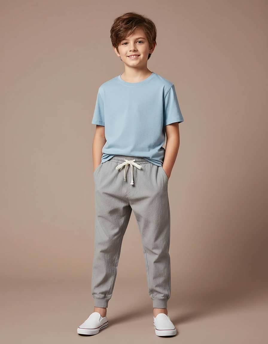 Pantalon Fluide Gris Coton Ample Garçon Décontracté