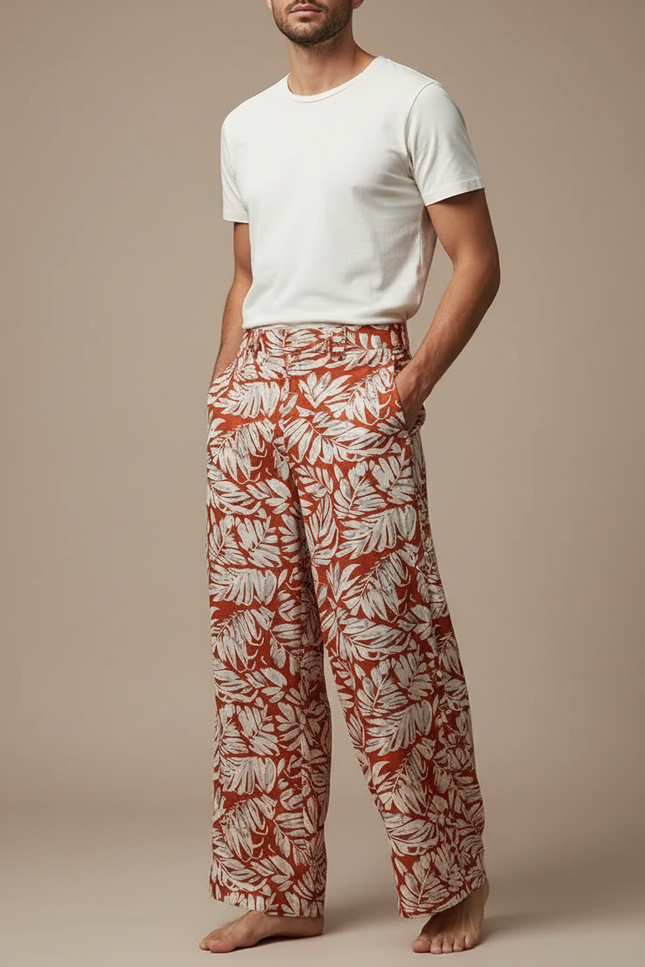 Pantalon Fluide Imprimé Feuillage Ample Homme Bohème - Viscose