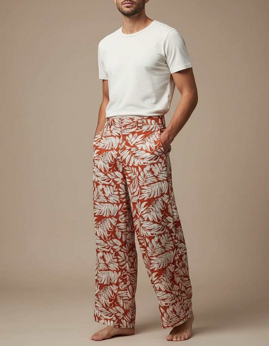 Pantalon Fluide Imprimé Feuillage Ample Homme Bohème - Viscose