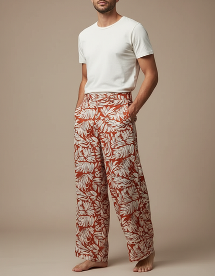 Pantalon Fluide Imprimé Feuillage Ample Homme Bohème - Viscose