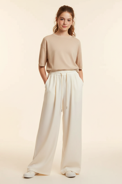 Pantalon Fluide Blanc Ample Taille Haute Polyester