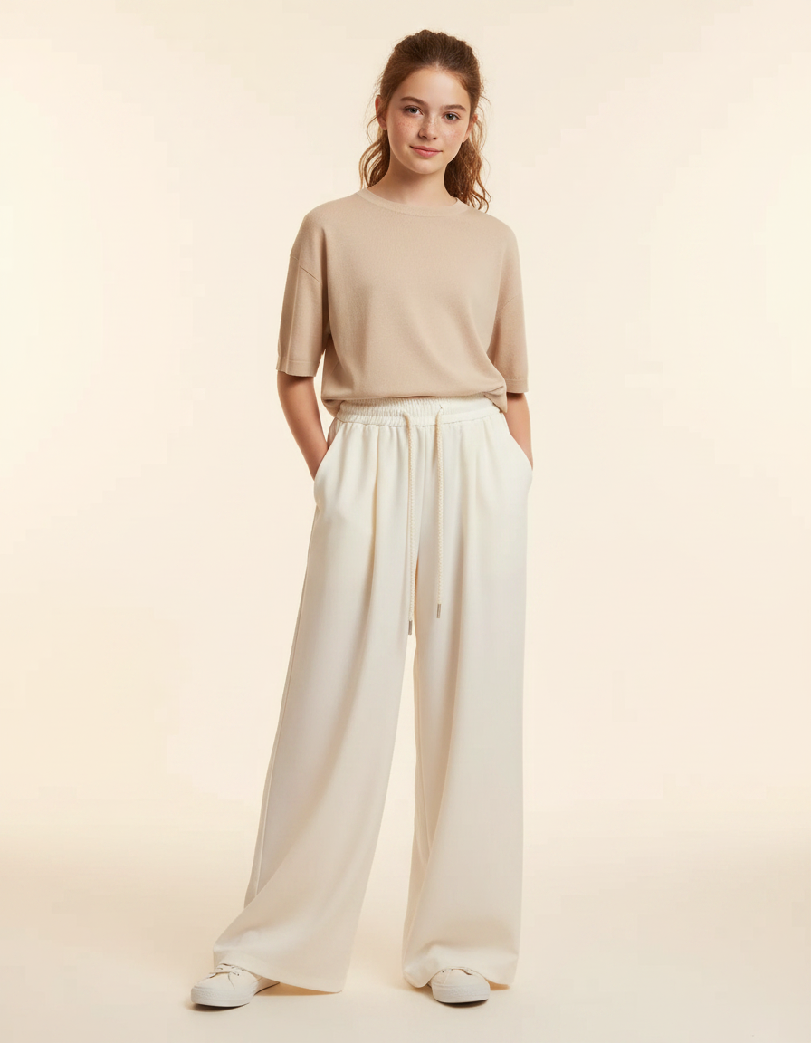 Pantalon Fluide Blanc Ample Taille Haute Polyester