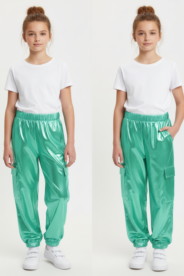 Pantalon Fluide Métallisé Cargo Vert Brillant Fille - Polyester