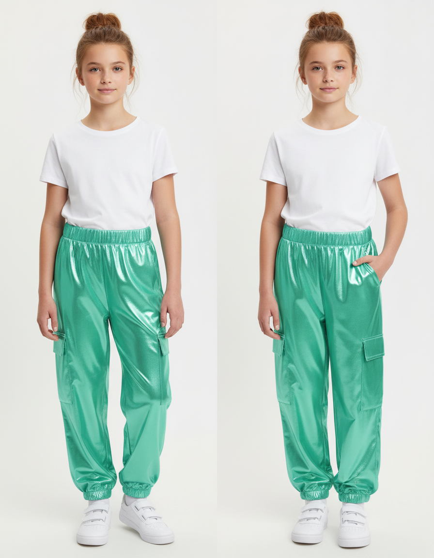 Pantalon Fluide Métallisé Cargo Vert Brillant Fille - Polyester