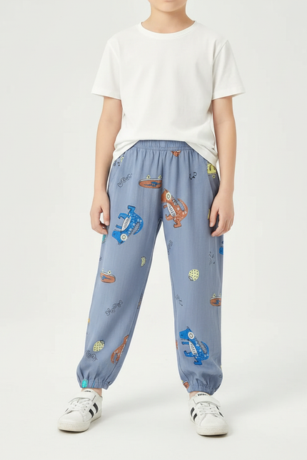 Pantalon Fluide Bleu Ciel Ample Dinosaure Coton
