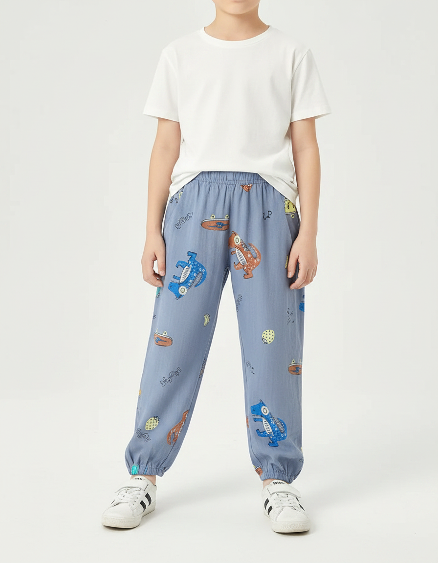 Pantalon Fluide Bleu Ciel Ample Dinosaure Coton