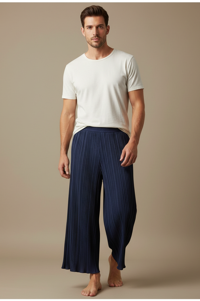 Pantalon Fluide Bleu Marine Plissé Ample Homme Décontracté - Polyester