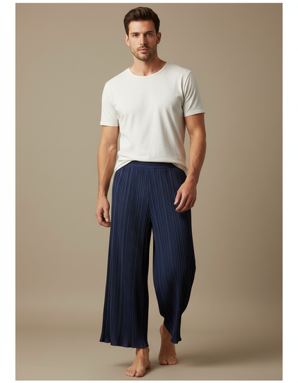 Pantalon Fluide Bleu Marine Plissé Ample Homme Décontracté - Polyester